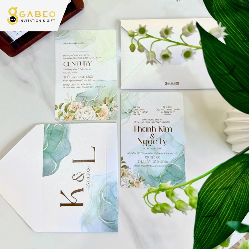 Mẫu thiệp cưới botanical hoa lá lãng mạn tại Nhà in Thiên Hà Gia Lai